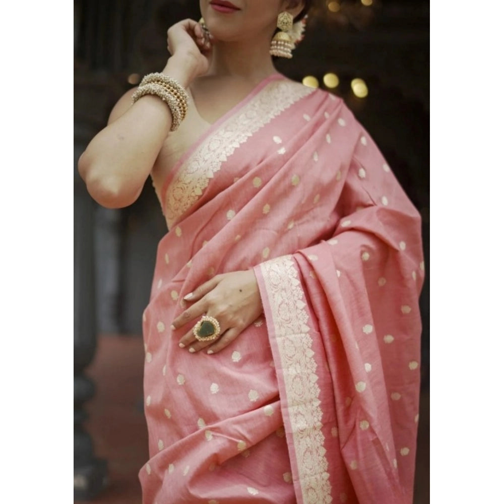 Snuggle Spot Women's Cotton  Printed Saree With Unstitched Blouse 5.5Mtr (Peach)