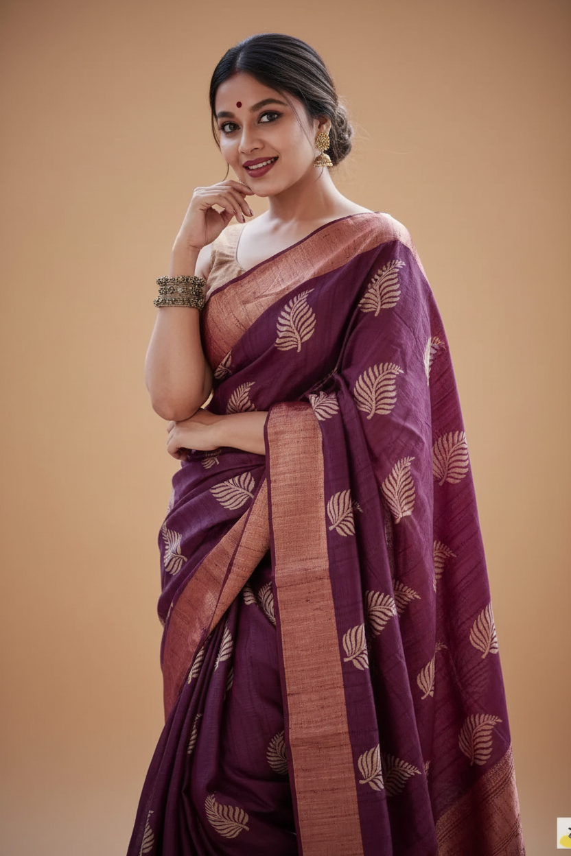 Snuggle Spot Women's Silk Printed Saree With Unstitched Blouse 5.5Mtr (Purple)