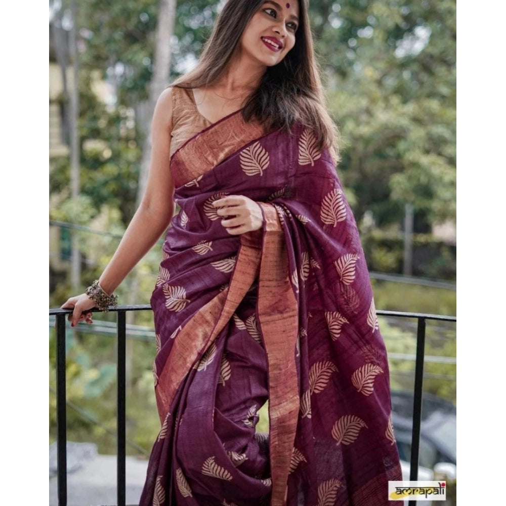 Snuggle Spot Women's Silk Printed Saree With Unstitched Blouse 5.5Mtr (Purple)