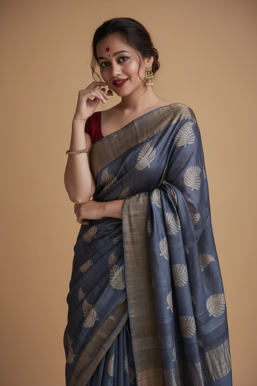Snuggle Spot Women's Silk Printed Saree With Unstitched Blouse 5.5Mtr (Grey)