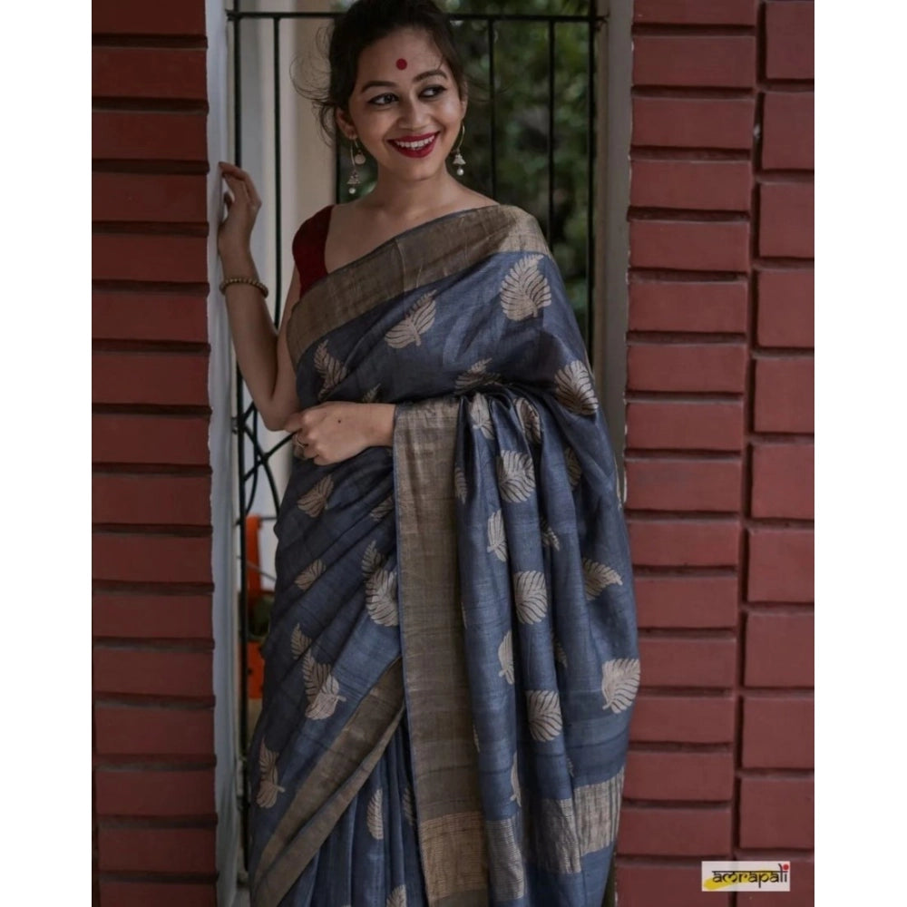 Snuggle Spot Women's Silk Printed Saree With Unstitched Blouse 5.5Mtr (Grey)