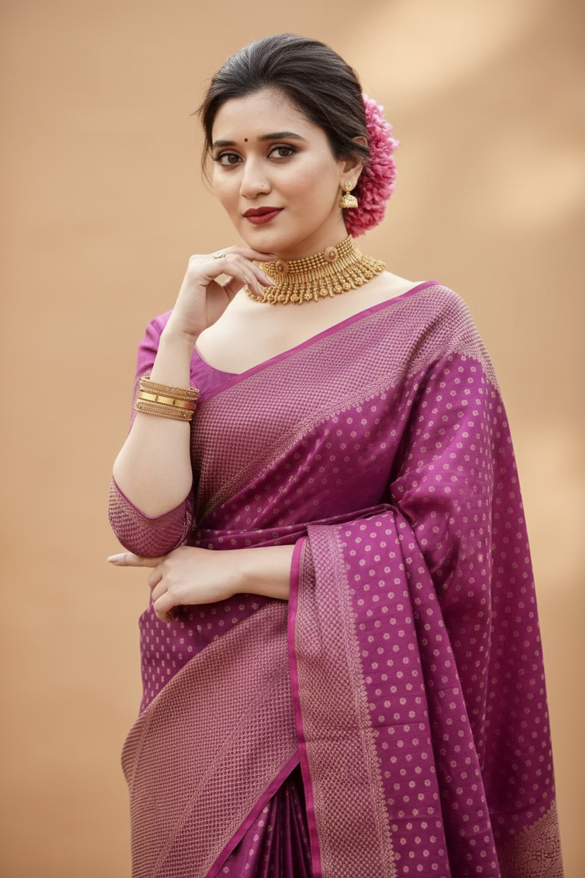 Snuggle Spot Women's Silk Printed Saree With Unstitched Blouse 5.5Mtr (Purple)