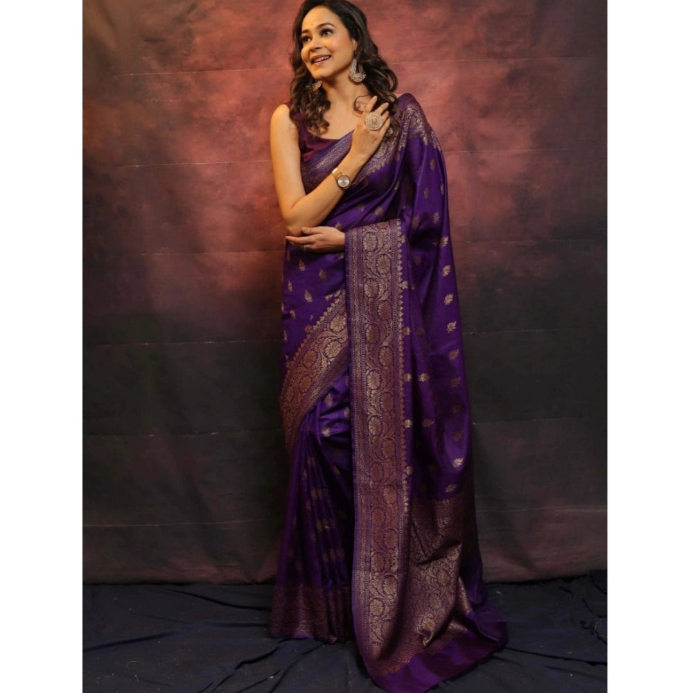 Snuggle Spot Women's Silk Printed Saree With Unstitched Blouse 5.5Mtr (Purple)