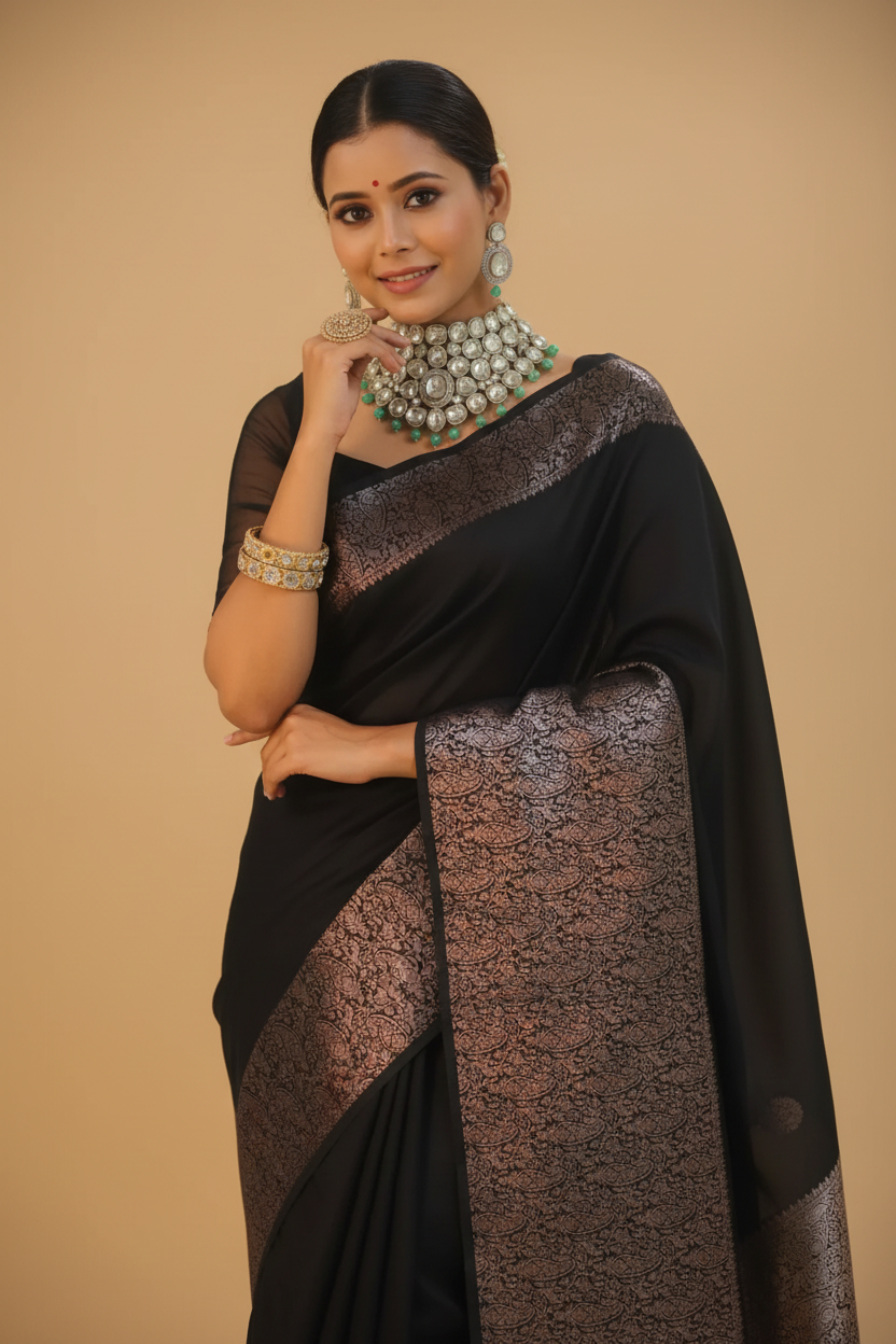 Snuggle Spot Women's Silk Printed Saree With Unstitched Blouse 5.5Mtr (Black)