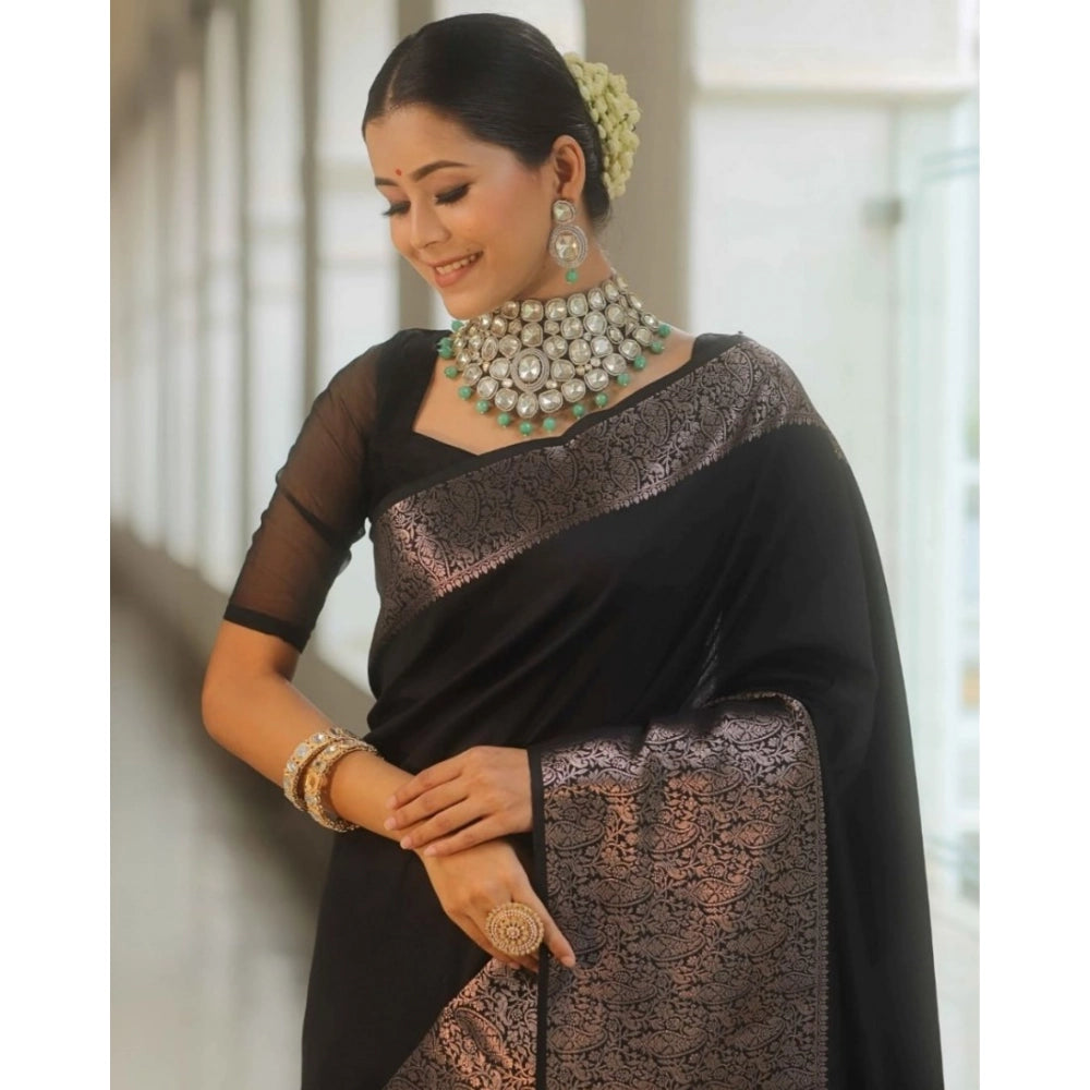 Snuggle Spot Women's Silk Printed Saree With Unstitched Blouse 5.5Mtr (Black)