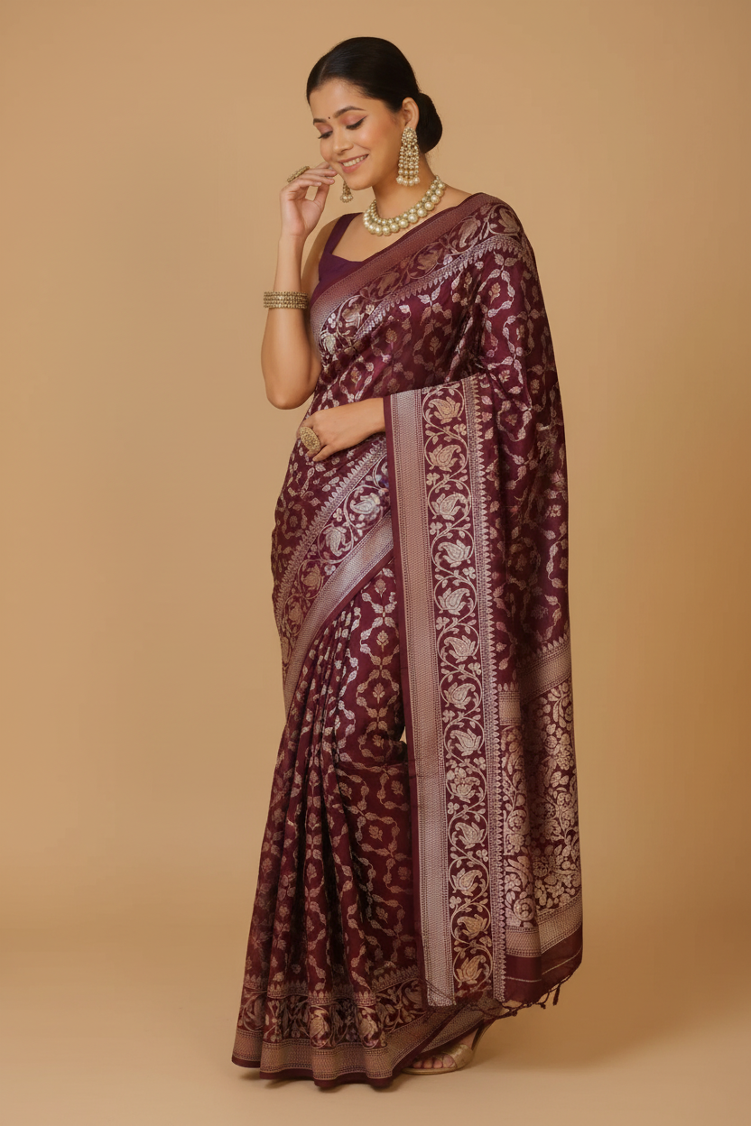 Snuggle Spot Women's Silk Printed Saree With Unstitched Blouse 5.5Mtr (Maroon)