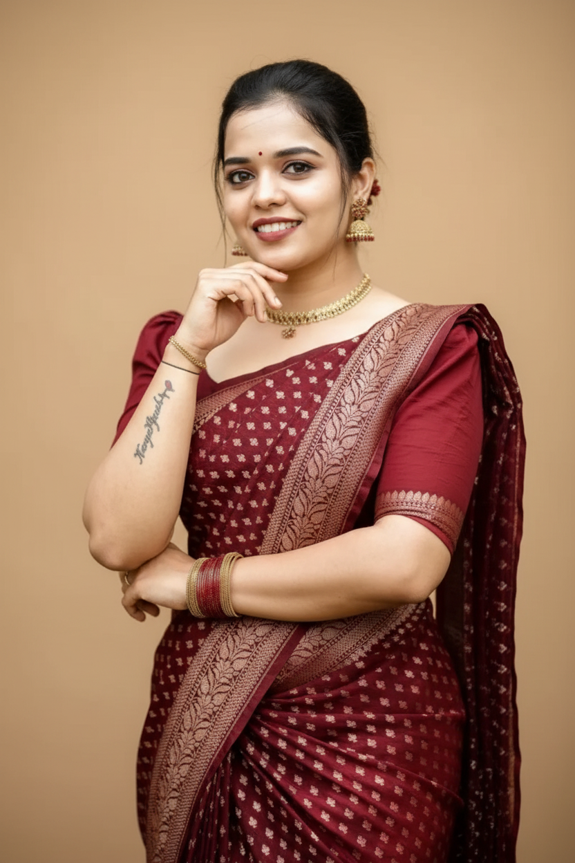 Snuggle Spot Women's Silk Printed Saree With Unstitched Blouse 5.5Mtr (Maroon)