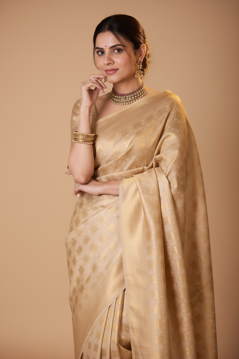 Snuggle Spot Women's Silk Printed Saree With Unstitched Blouse 5.5Mtr (Cream)