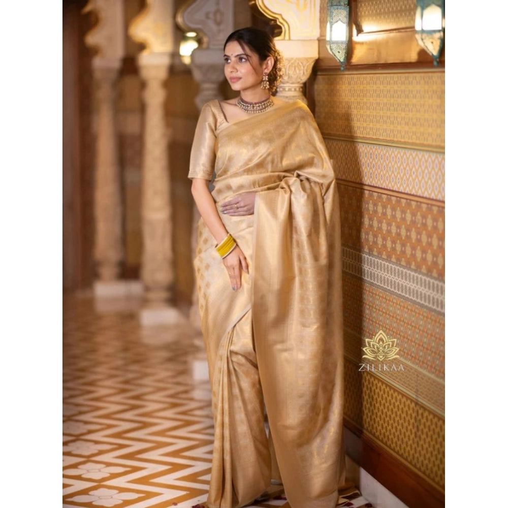 Snuggle Spot Women's Silk Printed Saree With Unstitched Blouse 5.5Mtr (Cream)