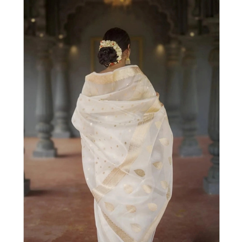 Snuggle Spot Women's Cotton  Printed Saree With Unstitched Blouse 5.5Mtr (White)
