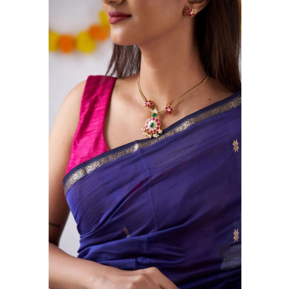 Snuggle Spot Women's Cotton  Printed Saree With Unstitched Blouse 5.5Mtr (Blue)