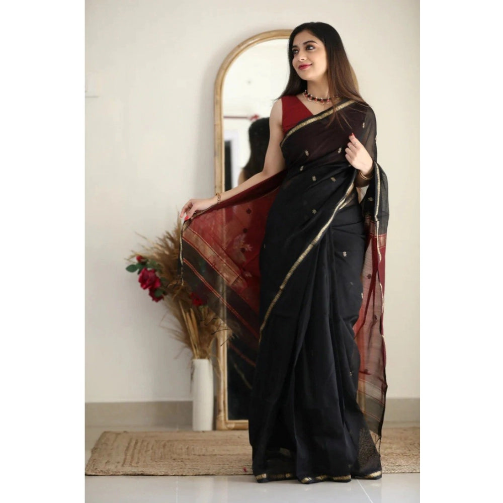 Snuggle Spot Women's Cotton  Printed Saree With Unstitched Blouse 5.5Mtr (Black)