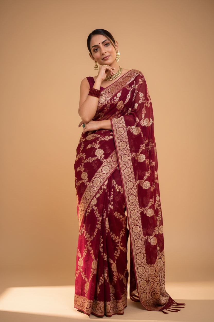 Snuggle Spot Women's Silk Printed Saree With Unstitched Blouse 5.5Mtr (Maroon)