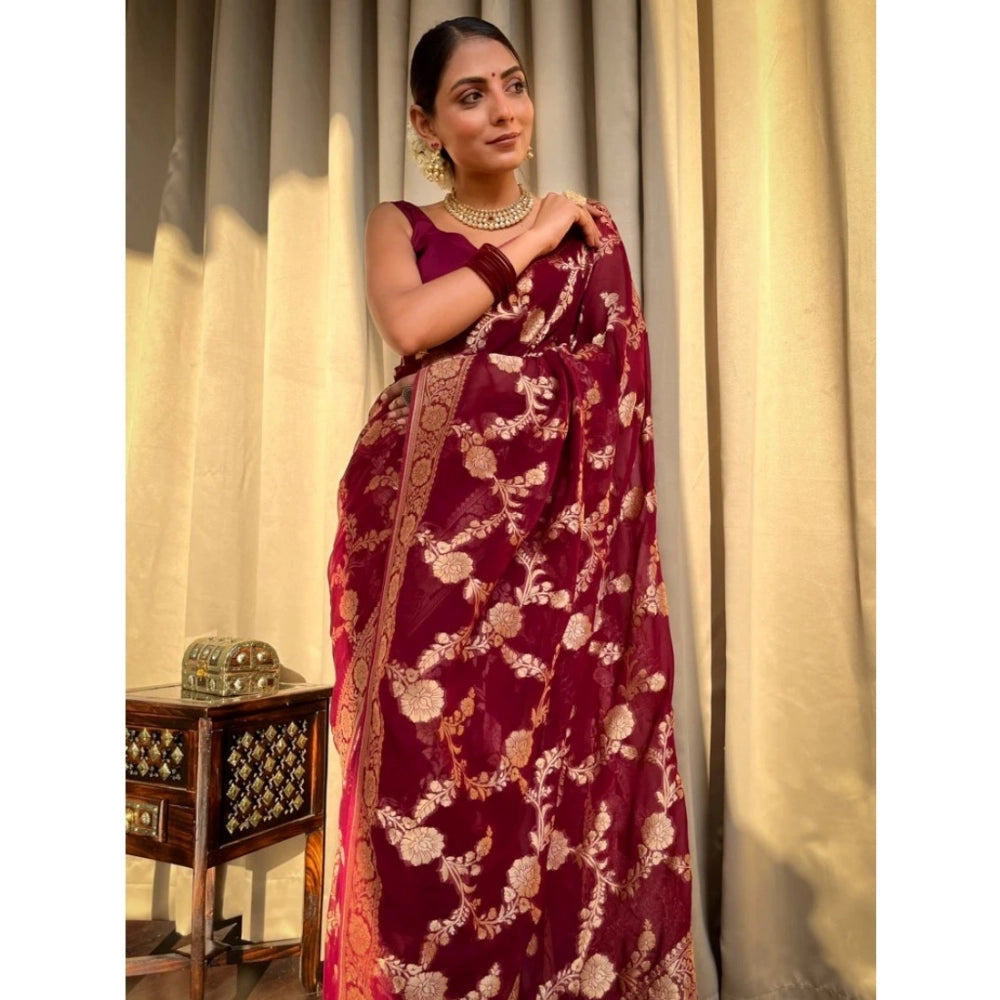 Snuggle Spot Women's Silk Printed Saree With Unstitched Blouse 5.5Mtr (Maroon)