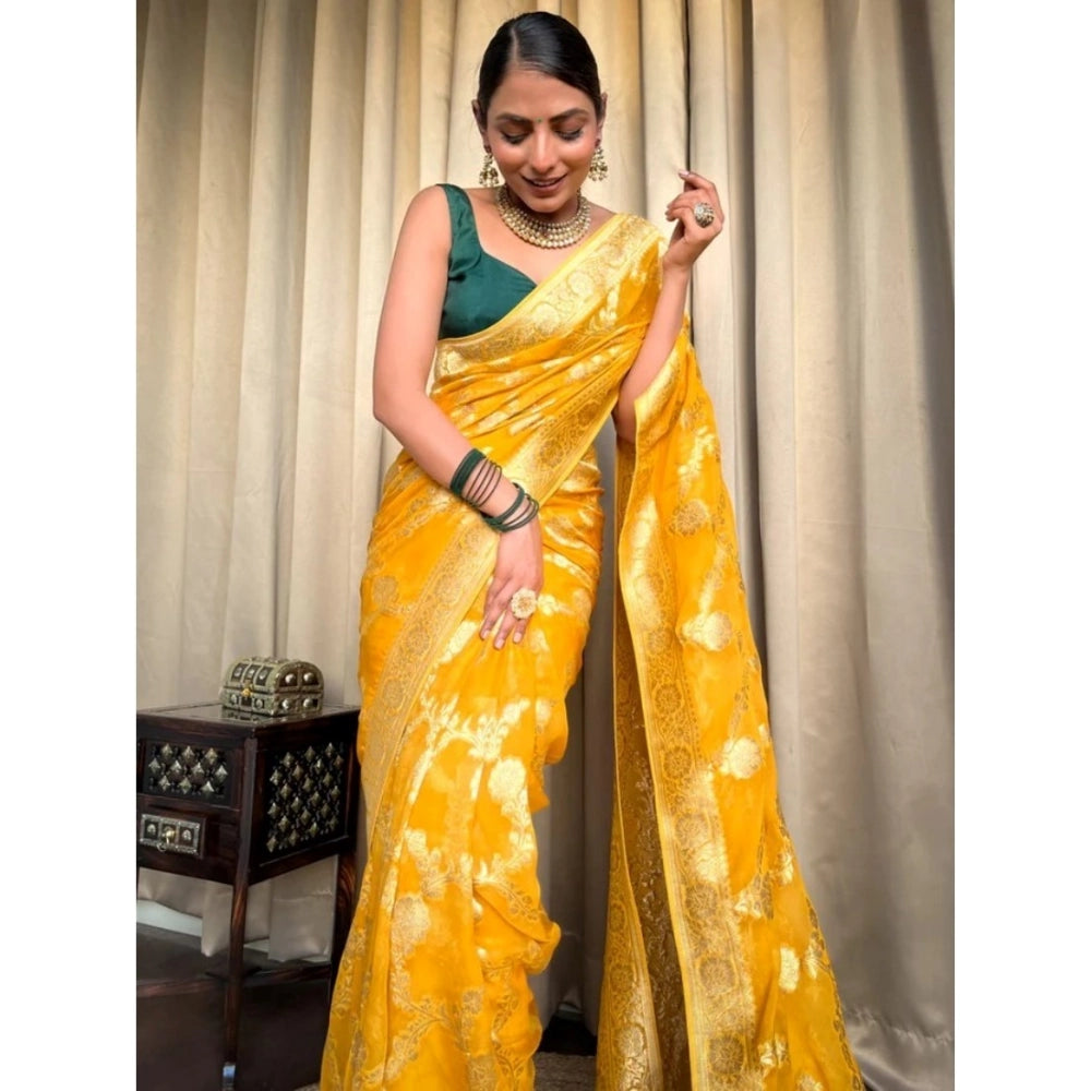 Snuggle Spot Women's Silk Printed Saree With Unstitched Blouse 5.5Mtr (Gold Yellow)