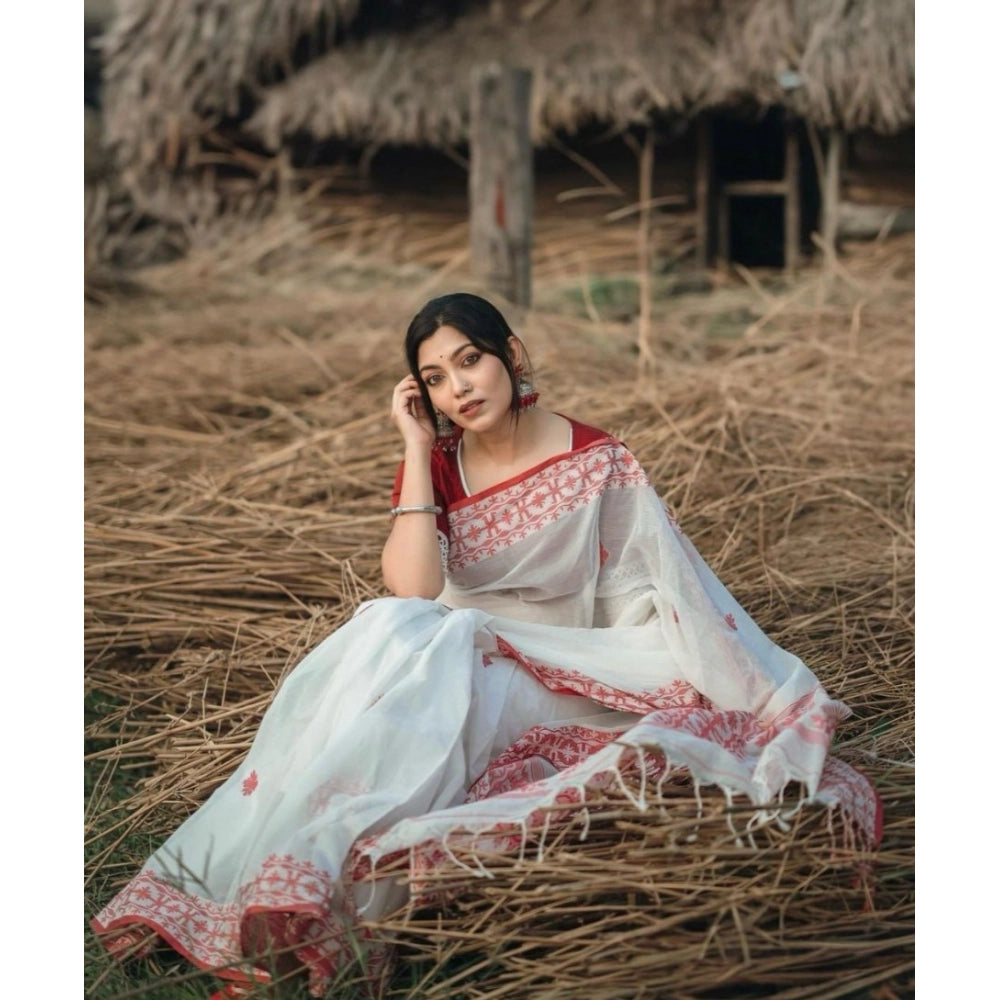 Snuggle Spot Women's Cotton  Printed Saree With Unstitched Blouse 5.5Mtr (White-Red)