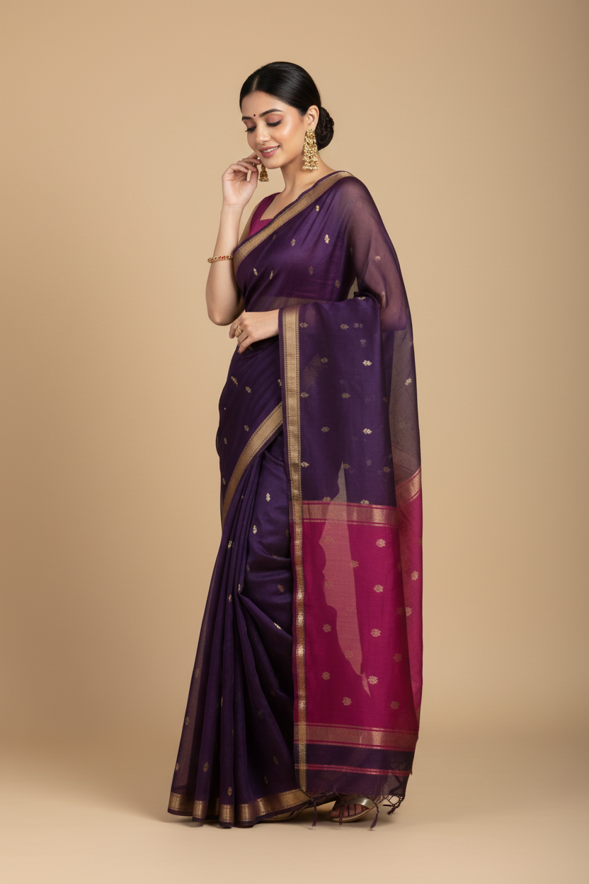 Snuggle Spot Women's Cotton  Printed Saree With Unstitched Blouse 5.5Mtr (Navy Blue)