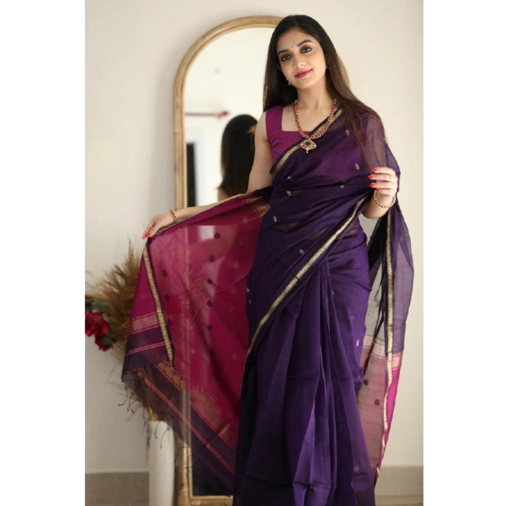 Snuggle Spot Women's Cotton  Printed Saree With Unstitched Blouse 5.5Mtr (Navy Blue)
