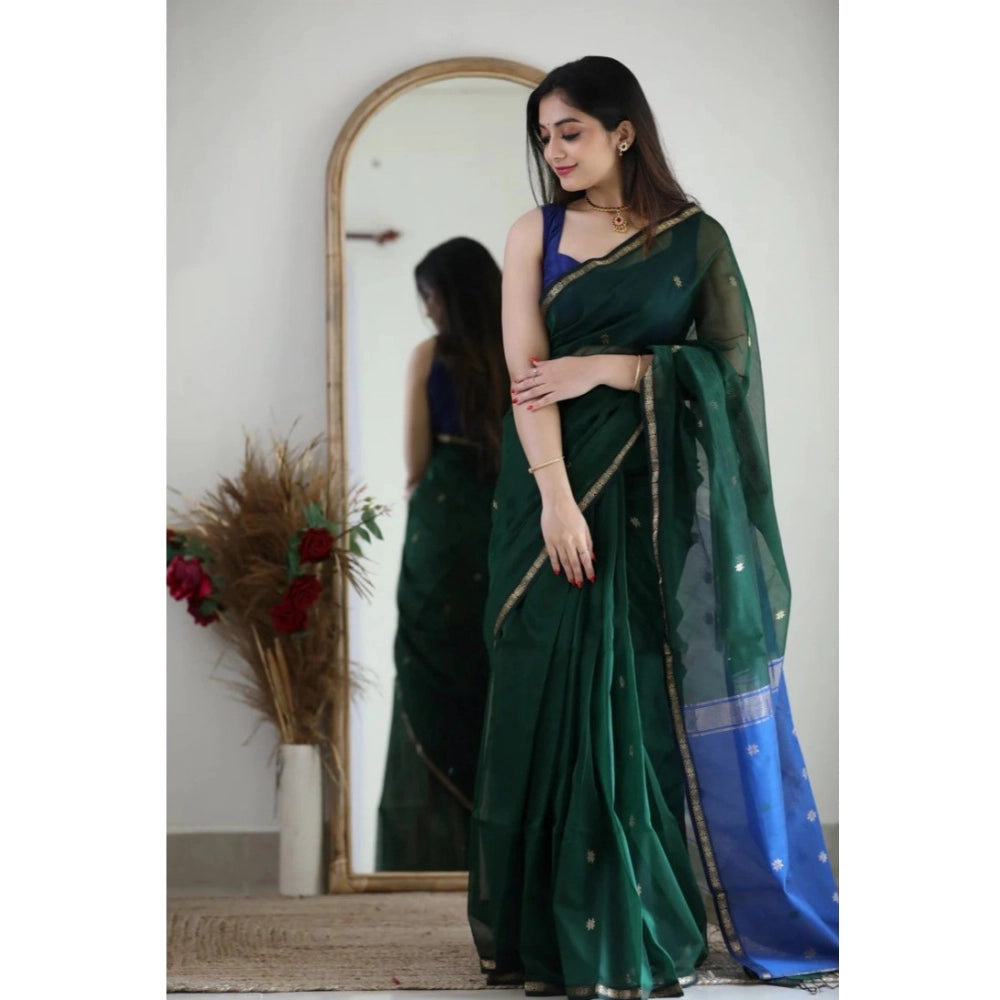 Snuggle Spot Women's Cotton  Printed Saree With Unstitched Blouse 5.5Mtr (Green)