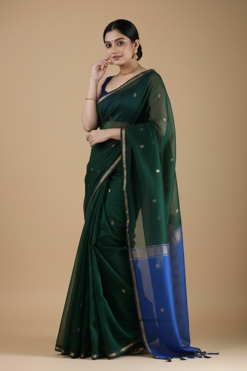 Snuggle Spot Women's Cotton  Printed Saree With Unstitched Blouse 5.5Mtr (Green)
