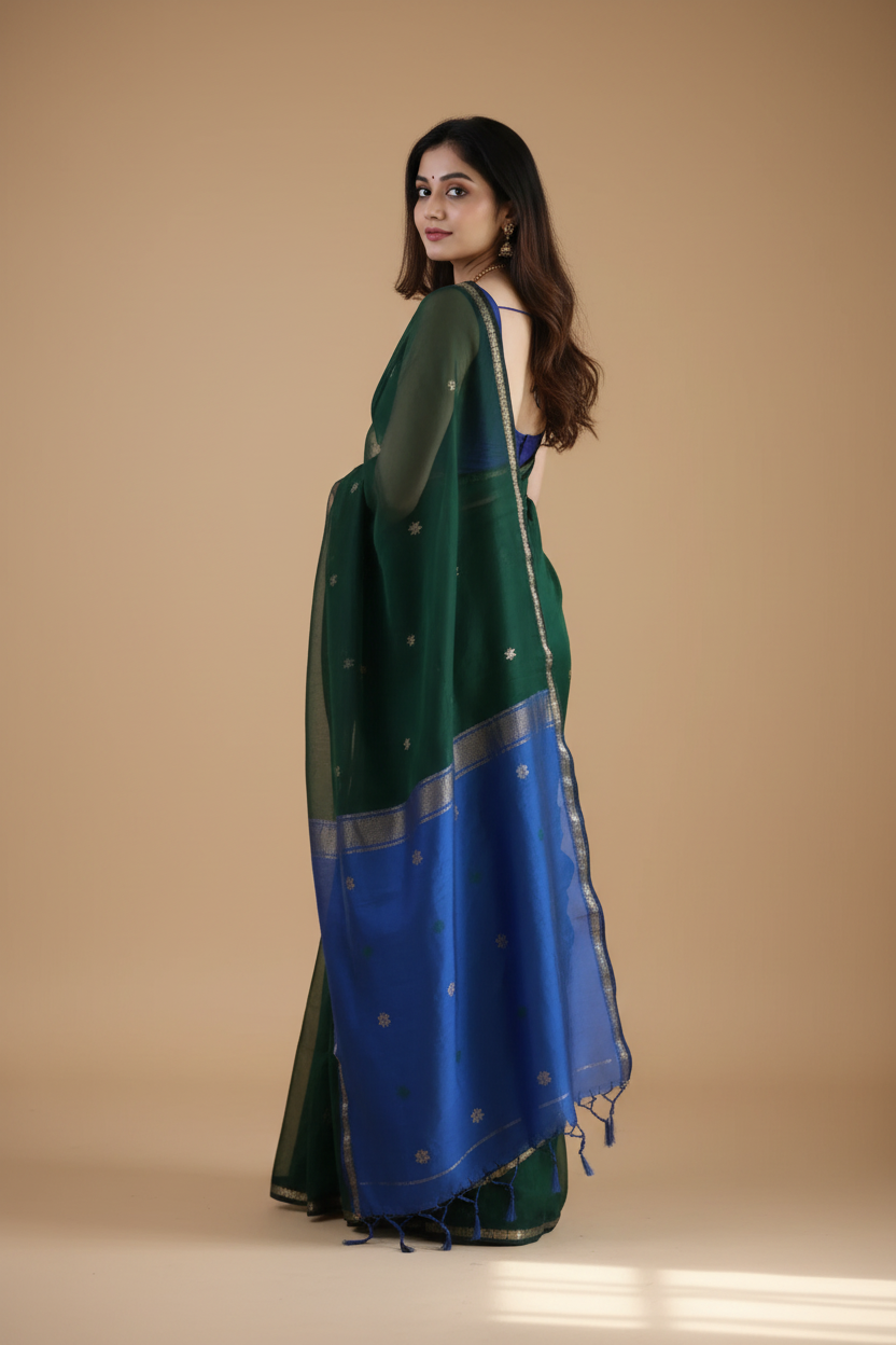 Snuggle Spot Women's Cotton  Printed Saree With Unstitched Blouse 5.5Mtr (Green)