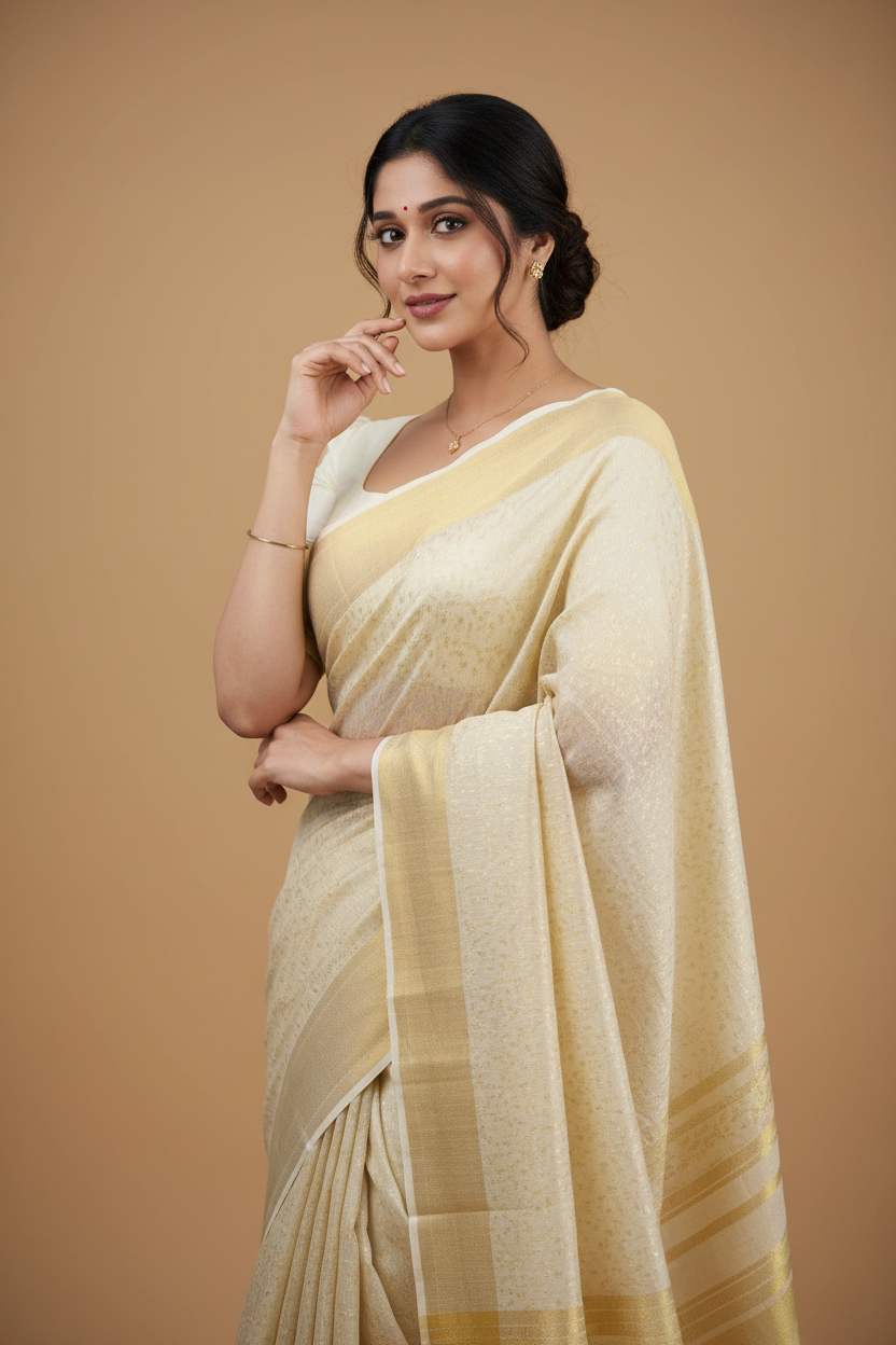 Snuggle Spot Women's Silk Printed Saree With Unstitched Blouse 5.5Mtr (Cream)