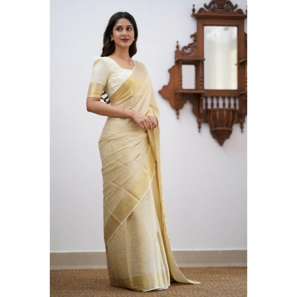Snuggle Spot Women's Silk Printed Saree With Unstitched Blouse 5.5Mtr (Cream)
