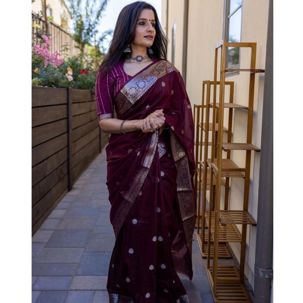 Snuggle Spot Women's Cotton  Printed Saree With Unstitched Blouse 5.5Mtr (Maroon)