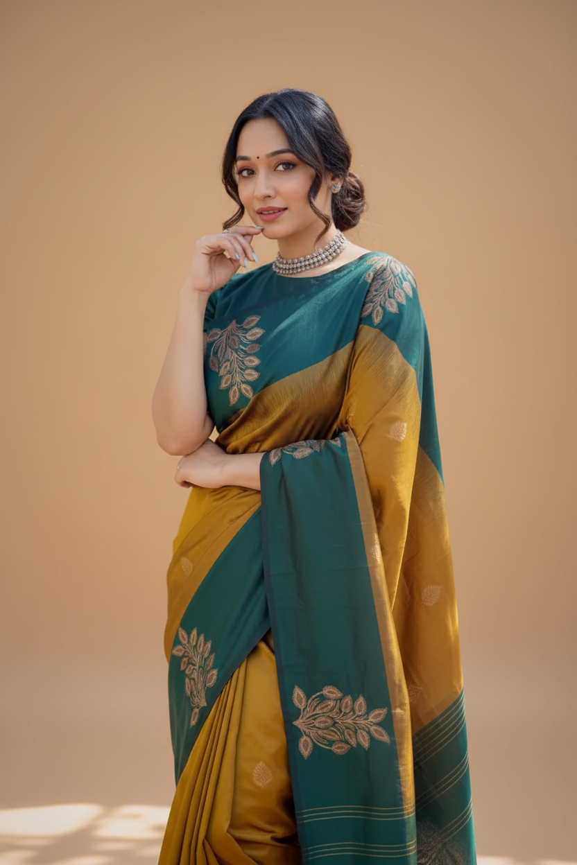 Snuggle Spot Women's Silk Printed Saree With Unstitched Blouse 5.5Mtr (Yellow)