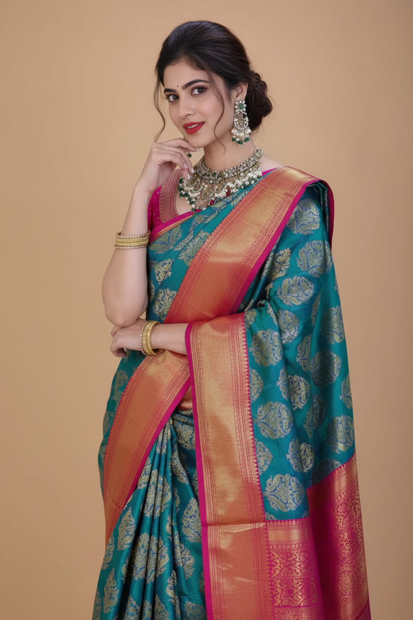 Snuggle Spot Women's Silk Printed Saree With Unstitched Blouse 5.5Mtr (Teal Blue)