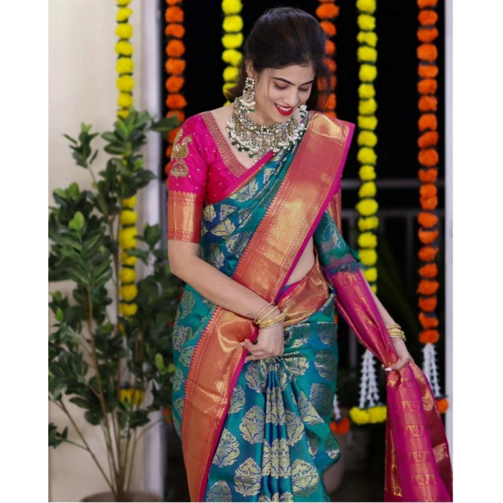 Snuggle Spot Women's Silk Printed Saree With Unstitched Blouse 5.5Mtr (Teal Blue)