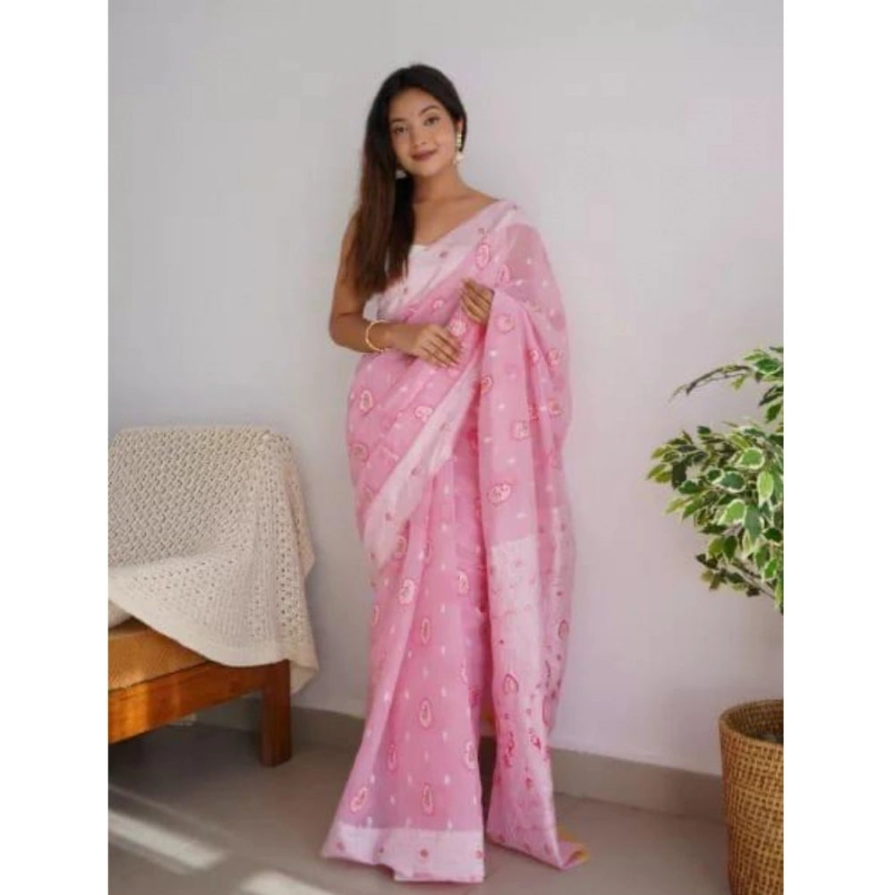 Snuggle Spot Women's Cotton  Printed Saree With Unstitched Blouse 5.5Mtr (Pink)