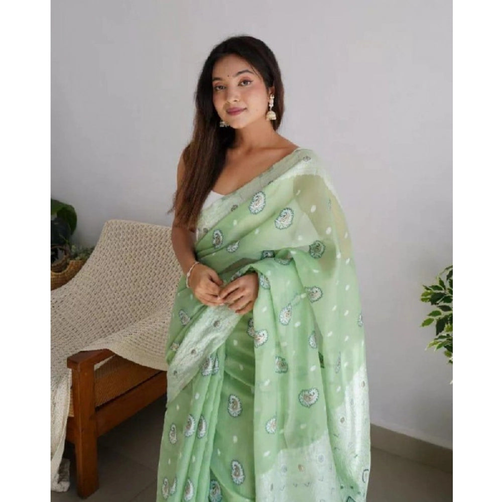 Snuggle Spot Women's Cotton  Printed Saree With Unstitched Blouse 5.5Mtr (Pista)