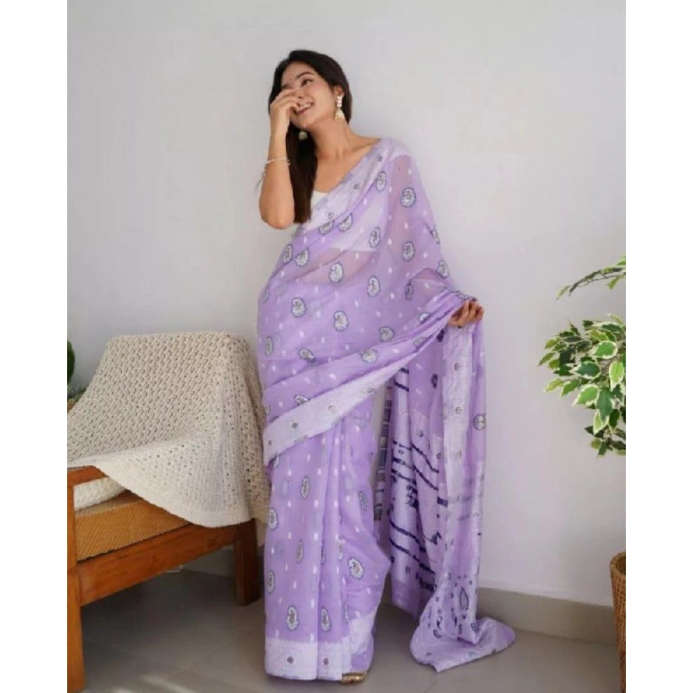 Snuggle Spot Women's Cotton  Printed Saree With Unstitched Blouse 5.5Mtr (Lavender)
