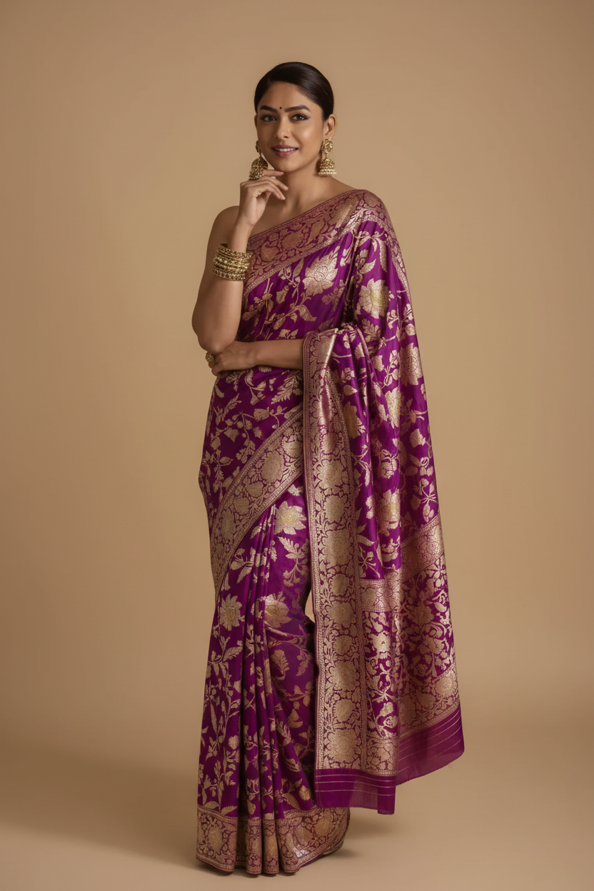 Snuggle Spot Women's Silk Printed Saree With Unstitched Blouse 5.5Mtr (Purple)
