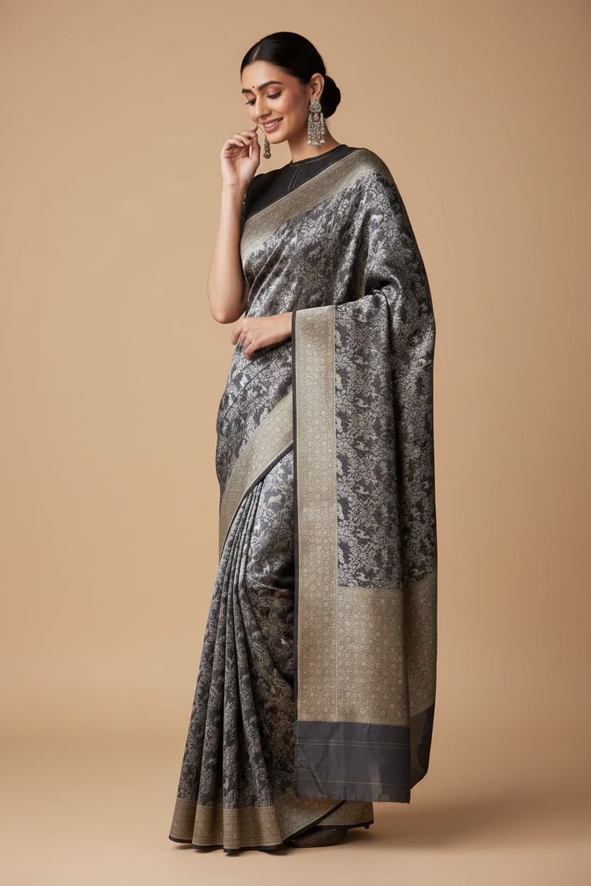 Snuggle Spot Women's Silk Printed Saree With Unstitched Blouse 5.5Mtr (Grey)