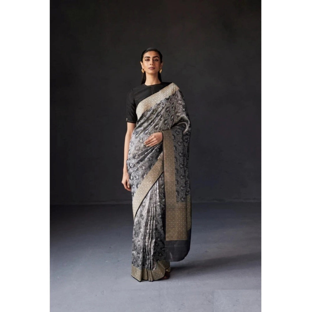 Snuggle Spot Women's Silk Printed Saree With Unstitched Blouse 5.5Mtr (Grey)