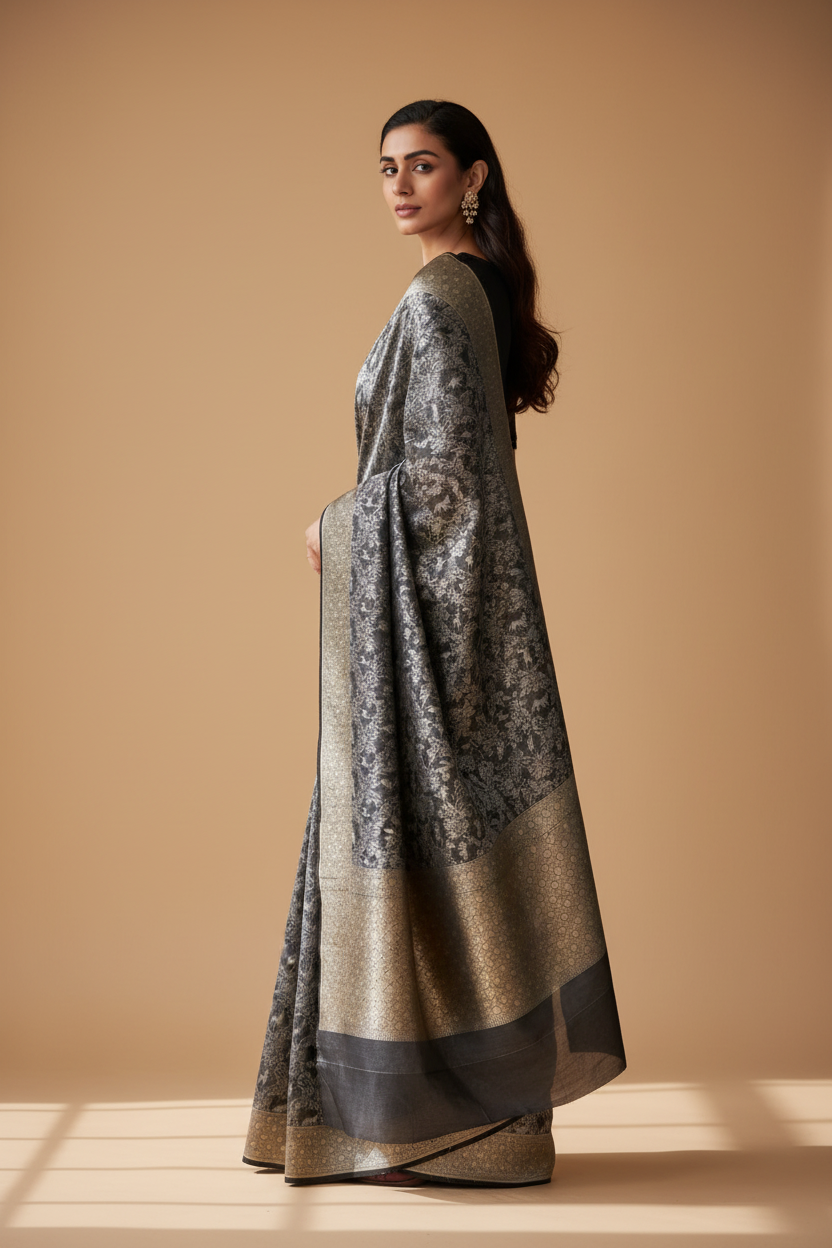 Snuggle Spot Women's Silk Printed Saree With Unstitched Blouse 5.5Mtr (Grey)