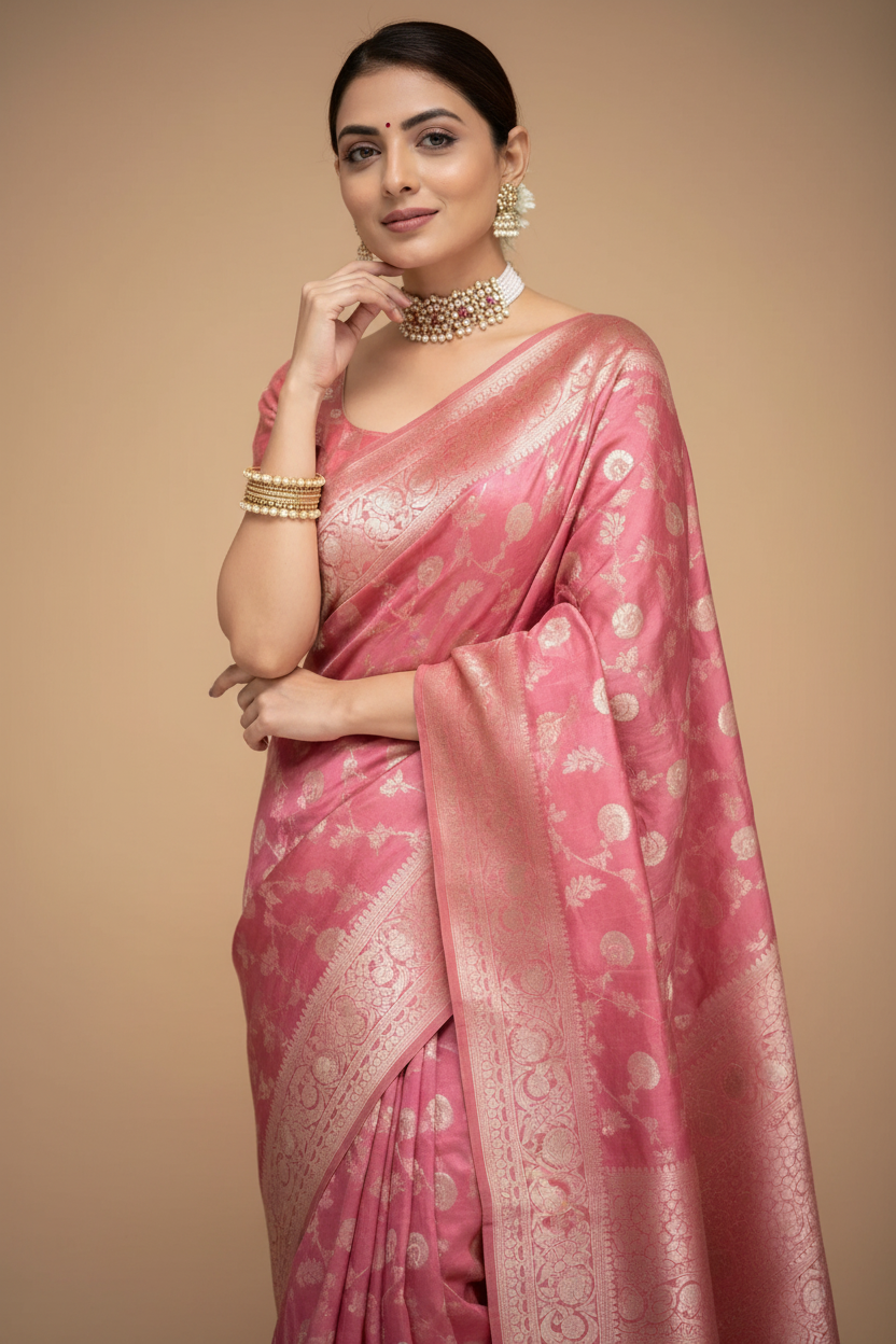 Snuggle Spot Women's Silk Printed Saree With Unstitched Blouse 5.5Mtr (Peach)