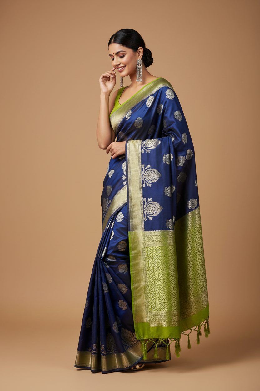Snuggle Spot Women's Silk Printed Saree With Unstitched Blouse 5.5Mtr (Navy Blue)