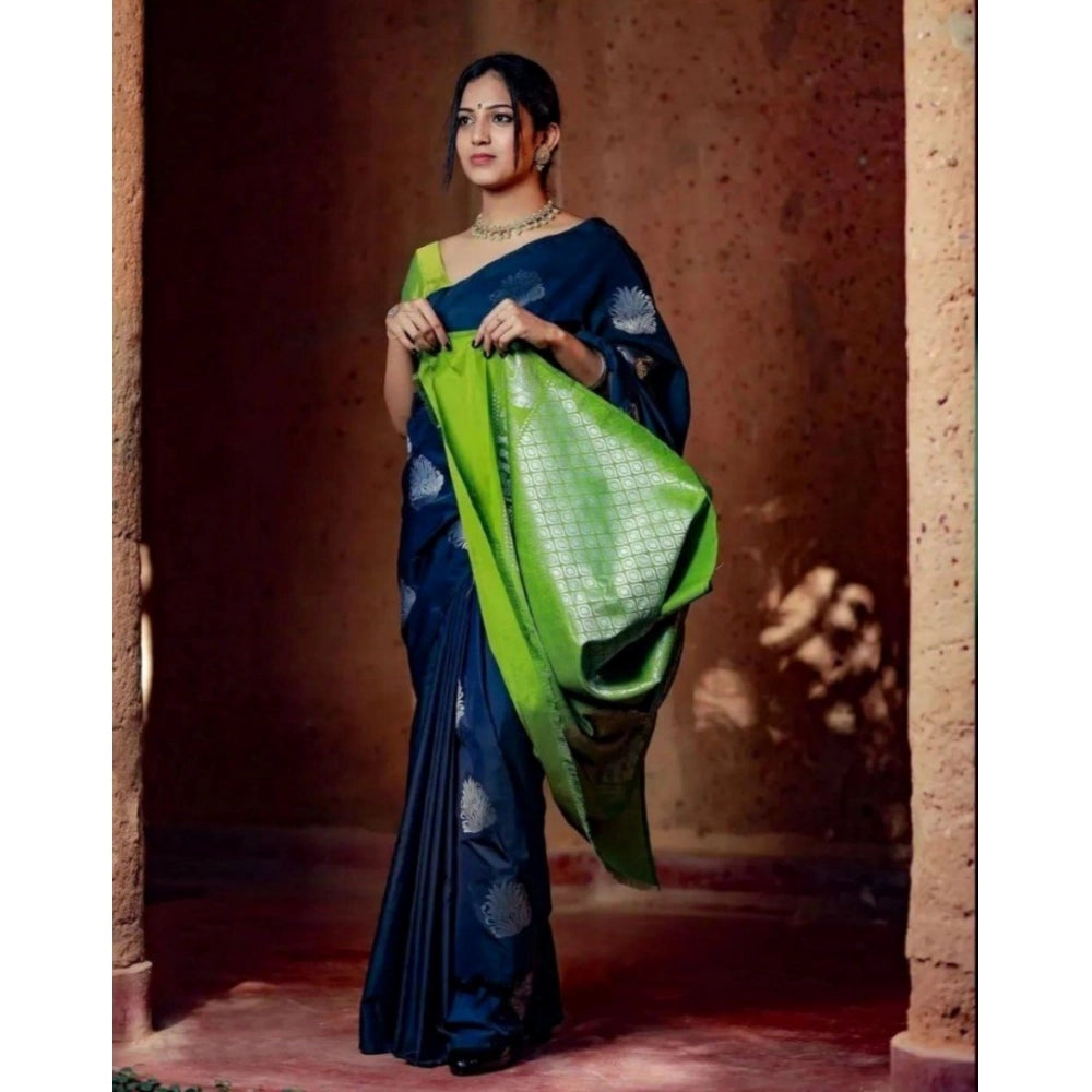 Snuggle Spot Women's Silk Printed Saree With Unstitched Blouse 5.5Mtr (Navy Blue)