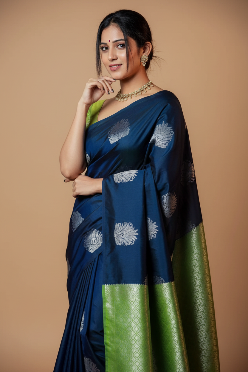 Snuggle Spot Women's Silk Printed Saree With Unstitched Blouse 5.5Mtr (Navy Blue)