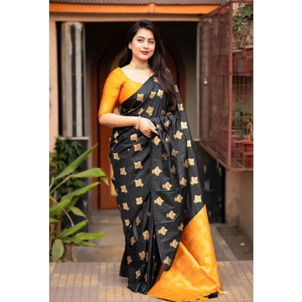 Snuggle Spot Women's Silk Printed Saree With Unstitched Blouse 5.5Mtr (Yellow)