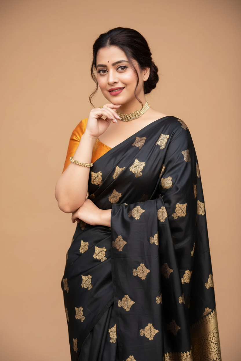 Snuggle Spot Women's Silk Printed Saree With Unstitched Blouse 5.5Mtr (Yellow)