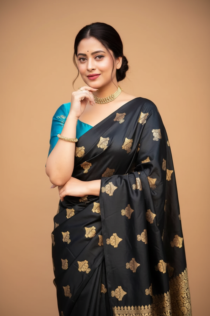 Snuggle Spot Women's Silk Printed Saree With Unstitched Blouse 5.5Mtr (Sky Blue)