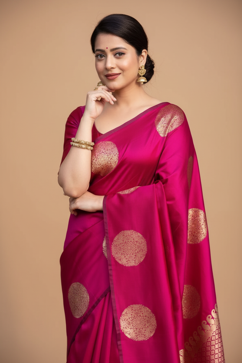Snuggle Spot Women's Silk Printed Saree With Unstitched Blouse 5.5Mtr (Pink)