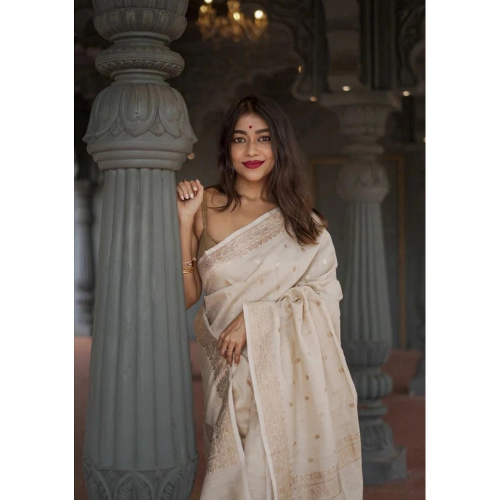 Snuggle Spot Women's Cotton  Printed Saree With Unstitched Blouse 5.5Mtr (Cream)