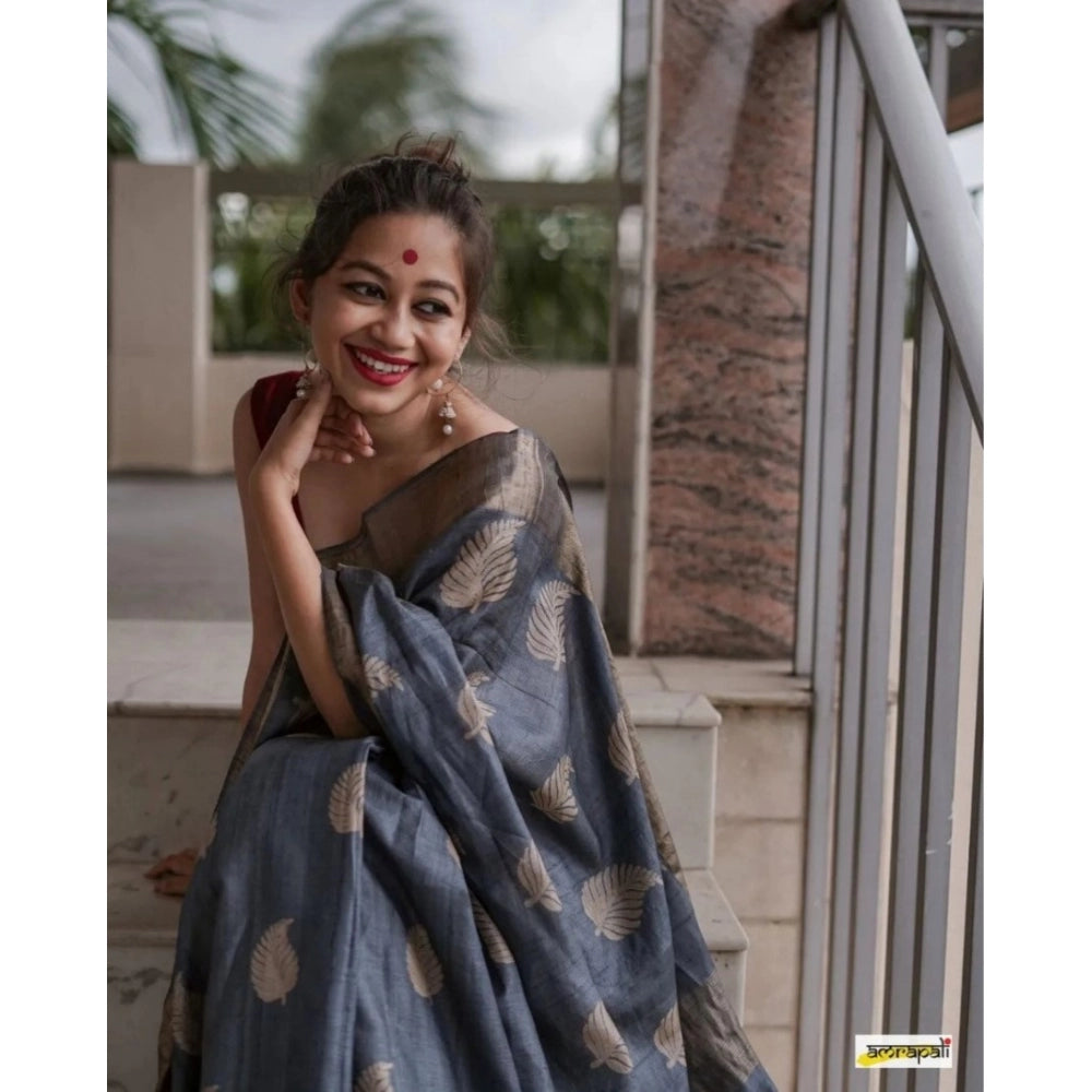 Snuggle Spot Women's Silk Printed Saree With Unstitched Blouse 5.5Mtr (Grey)