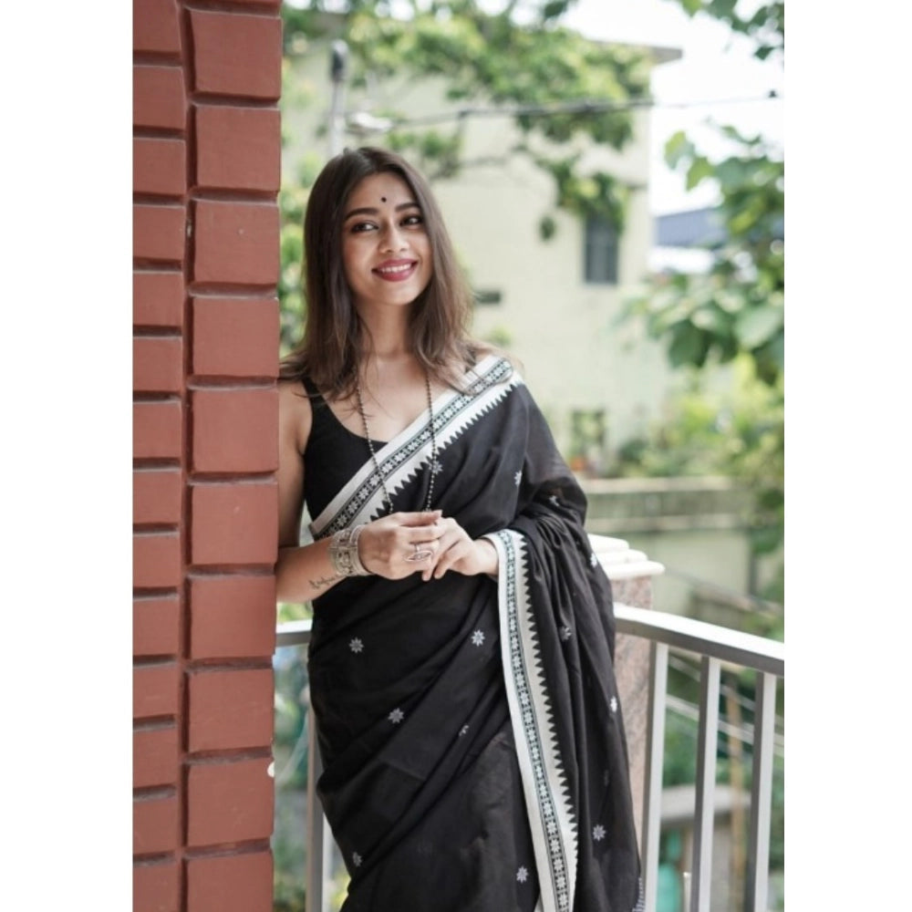 Snuggle Spot Women's Cotton  Printed Saree With Unstitched Blouse 5.5Mtr (Black)
