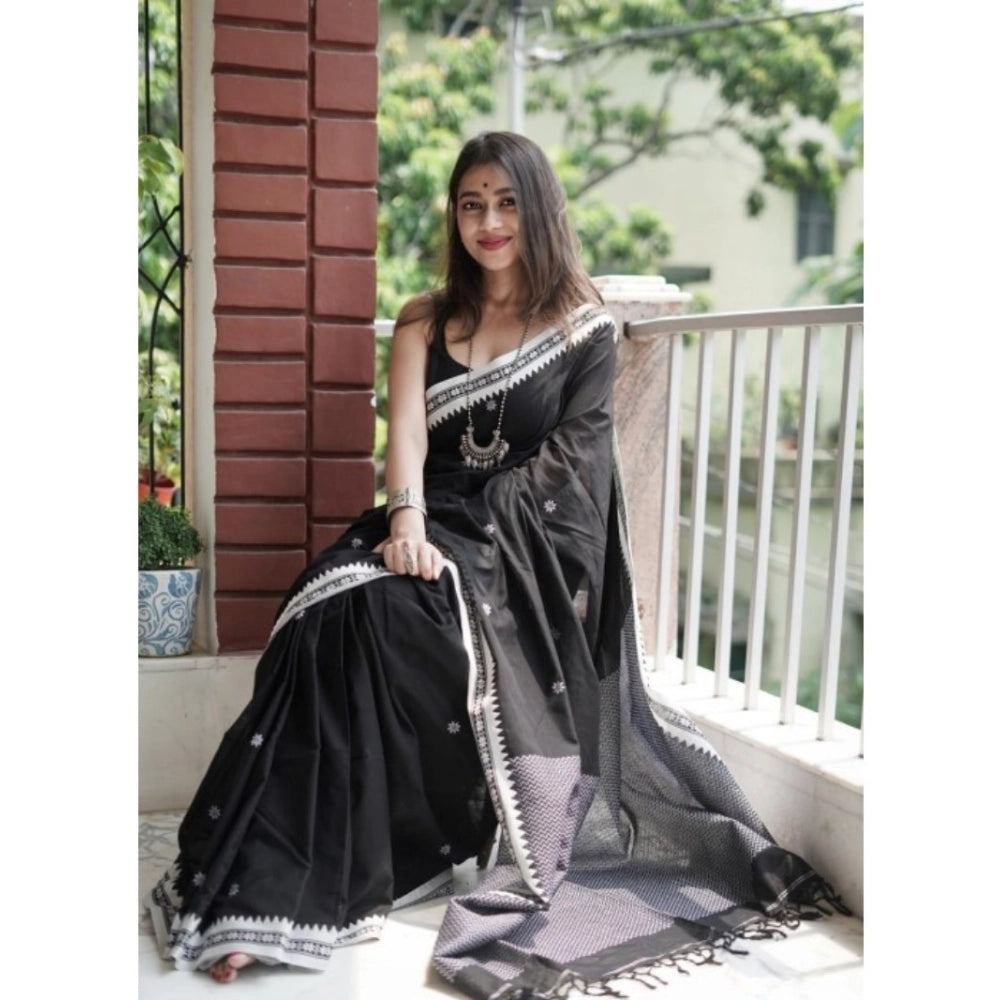 Snuggle Spot Women's Cotton  Printed Saree With Unstitched Blouse 5.5Mtr (Black)